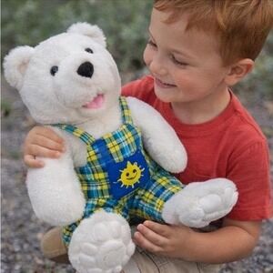 1994 The Petting Zoo Teddy Bear Plush White Sun Overalls Plaid Vintage Toy